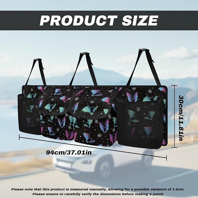 Halloween Colorful Bats Car Trunk Organizer with 4 Pockets Hanging Car Backseat Storage Bag Multipurpose Car Interior Accessories for SUV Pickup Truck Van