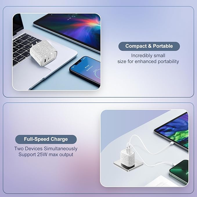 Aolcev for iPhone Charger Fast Charging Bling 2 in 1 USB A USB C Charger Block 25W Type C Fast Charging Blocks for iPhone 17 16 15 14 13 iPad Bling USB C Adapter for Galaxy S26 S25 Rhinestones Sliver