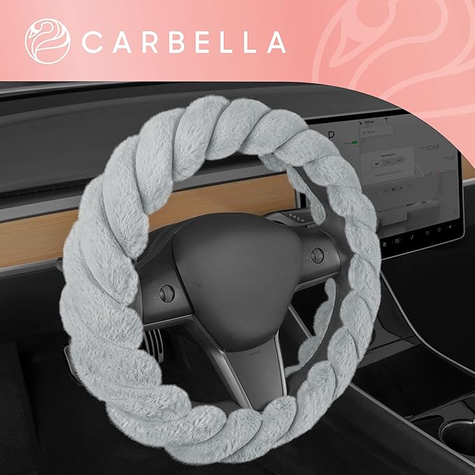 Carbella Twisted Fur Gray Steering Wheel Cover, Standard 15 Inch Size Fits Most Vehicles, Fuzzy Fluffy Car Steering Cover with Soft Faux Fur Touch, Car Accessories for Women