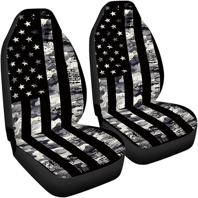 ELEQIN Squirrel Front Car Seat Covers 2pcs, Black Camo US Flag Automotive Seat Covers Car Accessories Universal Size Fit for Most Cars,SUVs&Trucks&Vans