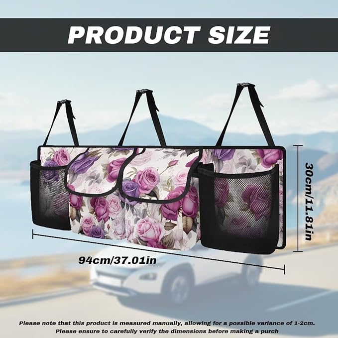 Pink Purple Rose Backseat Trunk Organizer for Car Organization Women Large Capacity Cargo Bag,4 Compartments,Car Accessories