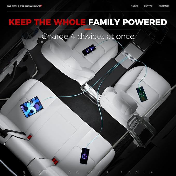 Upgrade 65W USB Charger Hub for Tesla Model 3 Highland 2024-2025 & New Model Y Juniper 2026 Accessories 4-Port Retractable Phone Charger 2 Type-C Fast Charging Cables USB Hub – Center Console