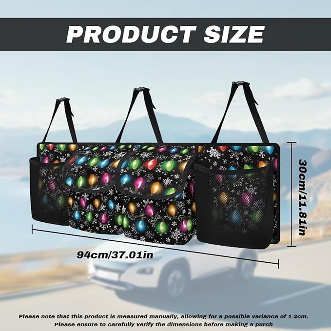 Christmas Colorful Lights Trunk Organizer,Capacity Car SUV Organizer with Elastic Net, Hanging Car Storage Bag with Lids, Space Saving Expert