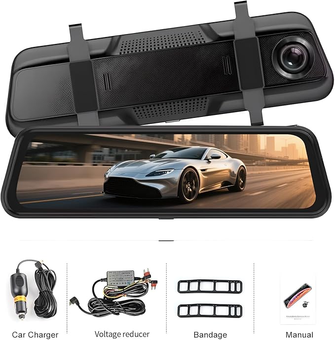 BY-J 9.66" 4K Mirror Dash Cam Front and Rear, Backup Camera for Cars, Full Touch Screen Rear View Mirror Camera, Smart Driving Assistant, Loop Recording Streaming Media