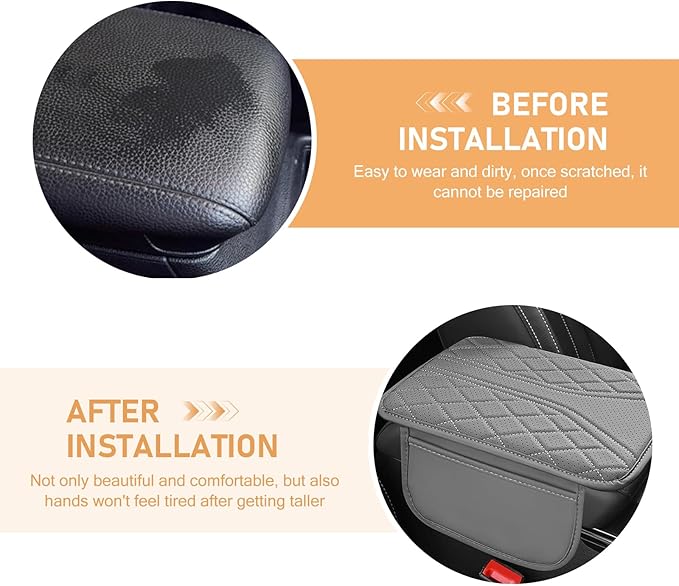 Car Center Console Pad, Leather Car Armrest Box Pad Cover, Vehicle Armrest Protector Cushion with 2 Storage Bags, Universal Arm Rest Pad for Car Interior Accessories Protect (Gray)