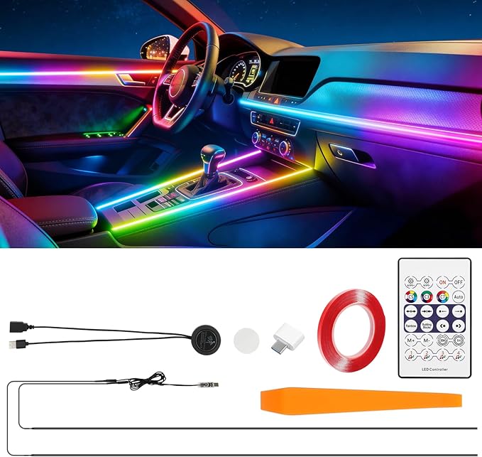 Interior Car LED Strip Lights Acrylic Fiber Optic Strip LED Lights with APP&Remote Control Dynamic Chasing Music Sync Neon Ambient Lighting Kits for Cars,SUVs,Trucks(55.12inch*2)