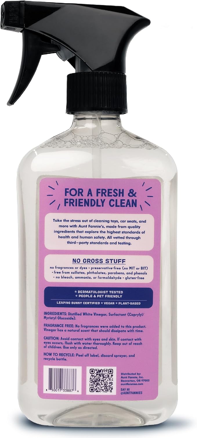 Aunt Fannie's Toy and Highchair Cleaner, Hypoallergenic, Multi-Purpose Spray Powered by Vinegar for Toys, High Chairs, Car Seats, Swings, Counters, and Other Hard Surfaces Fragrance Free, Pack of 1