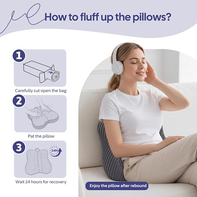 Lumbar Support Pillow for Recliner, Back Support Pillow for Office Chair, Back Cushion with Shredded Foam for Back Pain Relief & Reading, Lumbar Cushions for Couch, Sofa Seat, Car, Grey