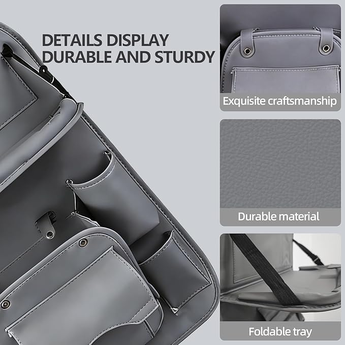 Car Seat Organizer, Multifunctional Backseat Protector Mat, Storage Bag and Tray Rack, Trash Storage (Suitable for Cars, Children, Back of Seats, and Rear Seats) (Gray, Leather 1-Piece Set)