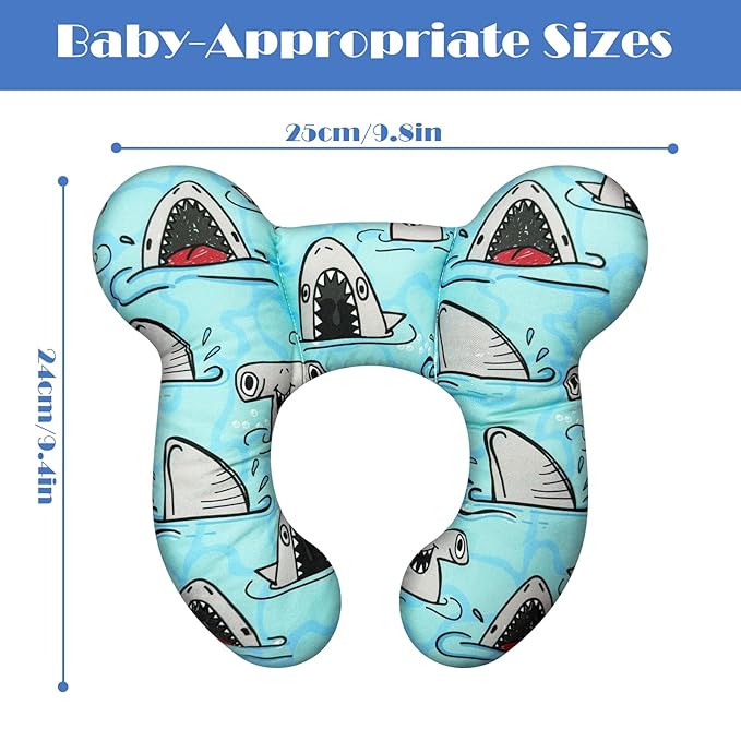 Baby Head Support Pillow for Newborn Toddler, Baby Neck Pillow Upgraded Comfortable Sleep Cushion for Car Plane Stroller Pushchair - Shark B