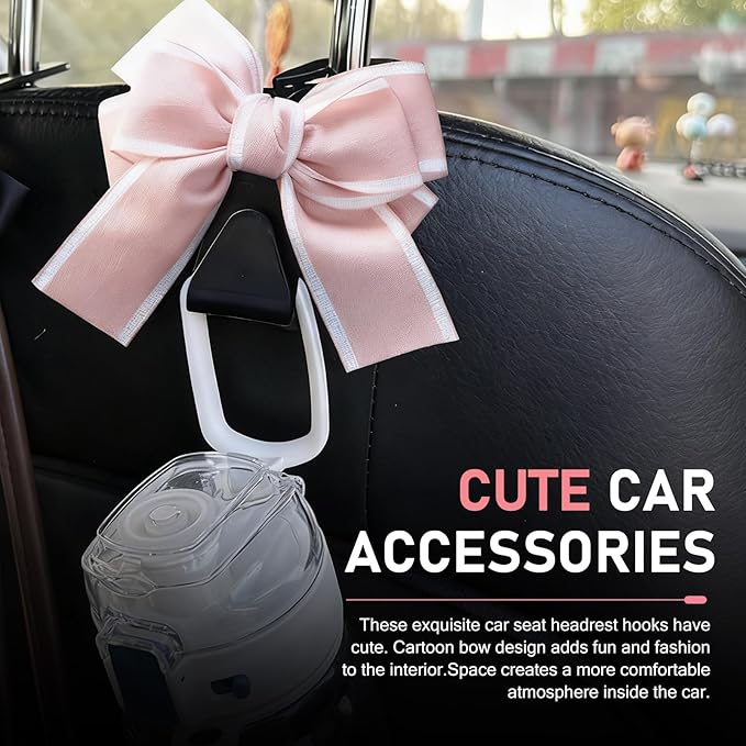 2 PCS Car Seat Headrest Hooks, Cute Bow Back Seat Storage Hangers for Handbag Purse Coat, Universal Auto Organizer Hooks (Pink Line)
