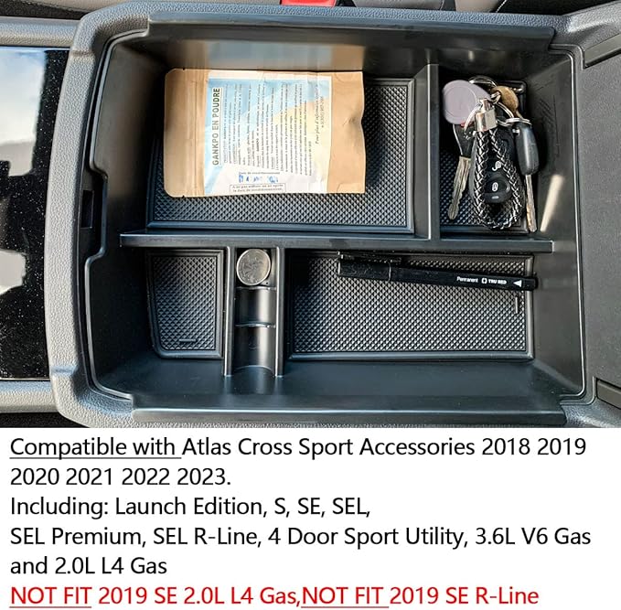 EDBETOS Center Console Organizer Tray Compatible with Atlas Accessories 2018 2019 2020 2021 2022 2023 Secondary Armrest Storage Glove Box Divider ABS Black Materials (Black Trim)