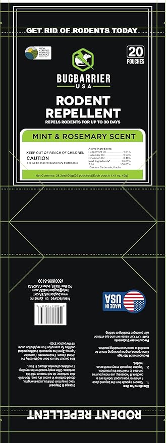 BugBarrier's Extra-Strength Mouse Repellent Deterrent Pouches, USDA 99% Biobased, Peppermint & Rosemary Oils Repel Mice Nesting in Car, RV, Boat, Garage, Shed, Cabin Made in The USA (Pack of 20)