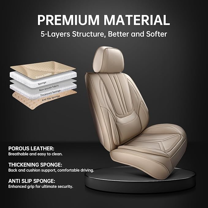 Car Seat Covers, Premium Leather Car Seat Covers, Waterproof and Breathable Seat Covers, Universal Car Seat Protector Fit for Cars, Trucks, SUVs, Pick-ups (Beige, FullSet)