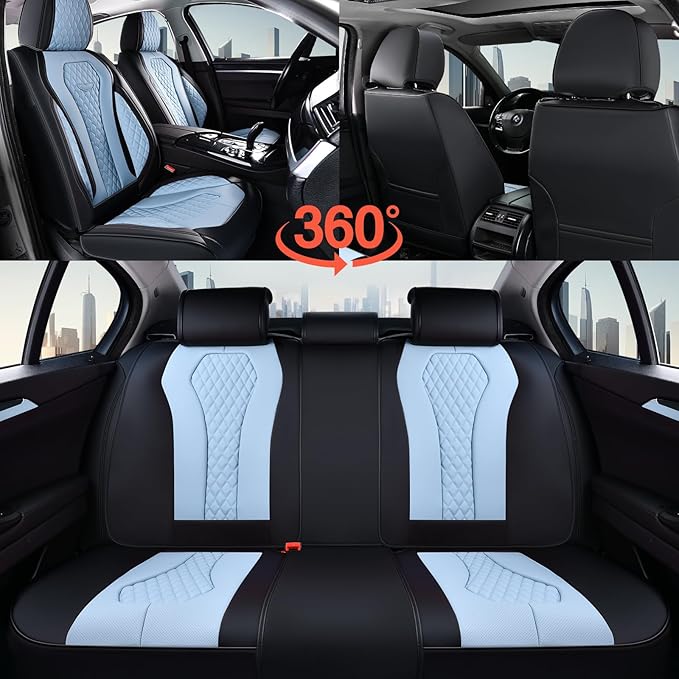 Coverado Auto Seat Covers, Car Seat Covers Full Set, Blue Car Seat Cover, Driver Seat Covers Front Seats Rear Seat Cover, Luxury Car Seat Cushion,Leather Seat Cover Seat Protector Fit for Most Cars
