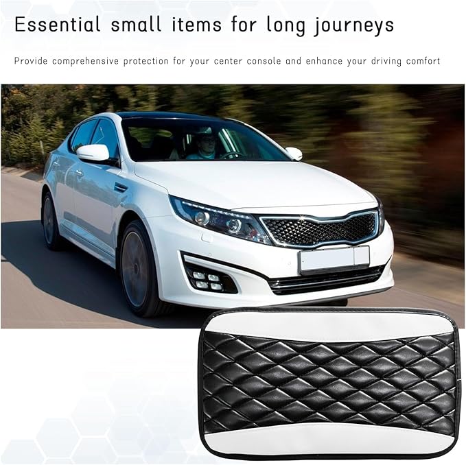 Car Center Console Cushion Pad, Universal Leather Waterproof Armrest Seat Box Cover, Comfortable Auto Armrest Cover Protector, Car Interior Decor Accessories for Most Vehicles (Black & White)