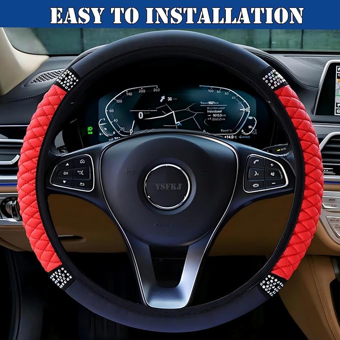 Soft Leather Car Steering Wheel Cover, Universal 15 Inch Colorful Rhinestones Anti-Slip Elastic Steering Wheel Covers for Most Cars, Sparkly Crystal Diamond for Women Girls (Red)
