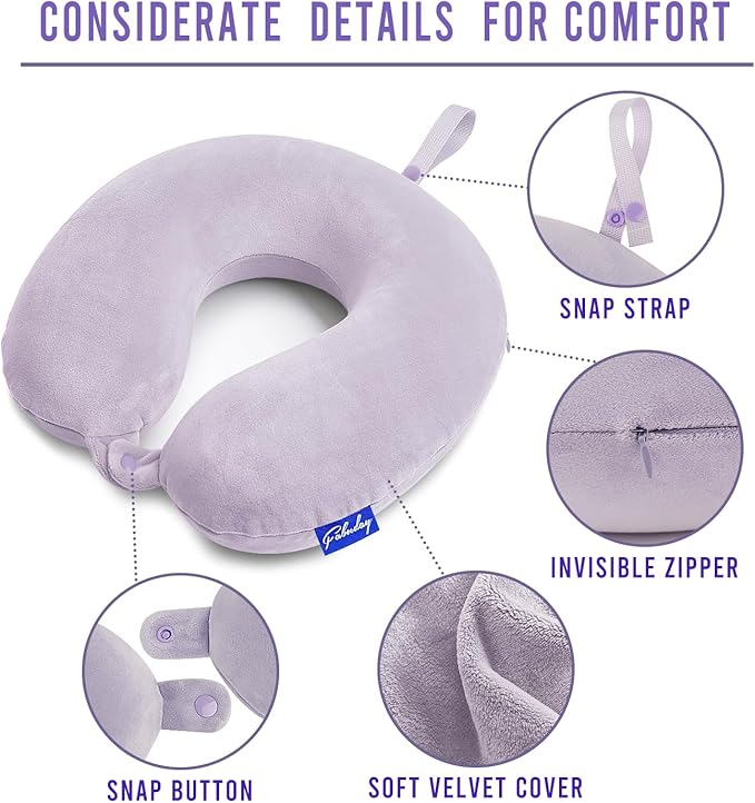 Travel Pillow Memory Foam for Airplanes - Neck Pillow for Traveling, Car, Home, Flight Pillow for Sleeping with Attachable Snap Strap Soft Washable Cover, Provide Head Neck Support Rest, Gray Purple