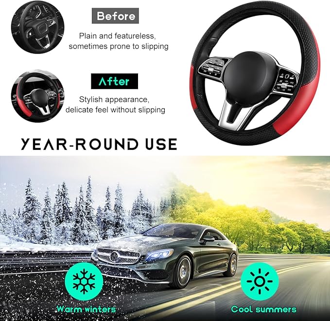 Car Steering Wheel Cover, 15 inch Carbon Fiber Microfiber Leather Elastic Steering Wheel Protector, Breathable Anti-Slip Comfortable Steering Wheel Covers for Most Cars (Black&Red, AD)