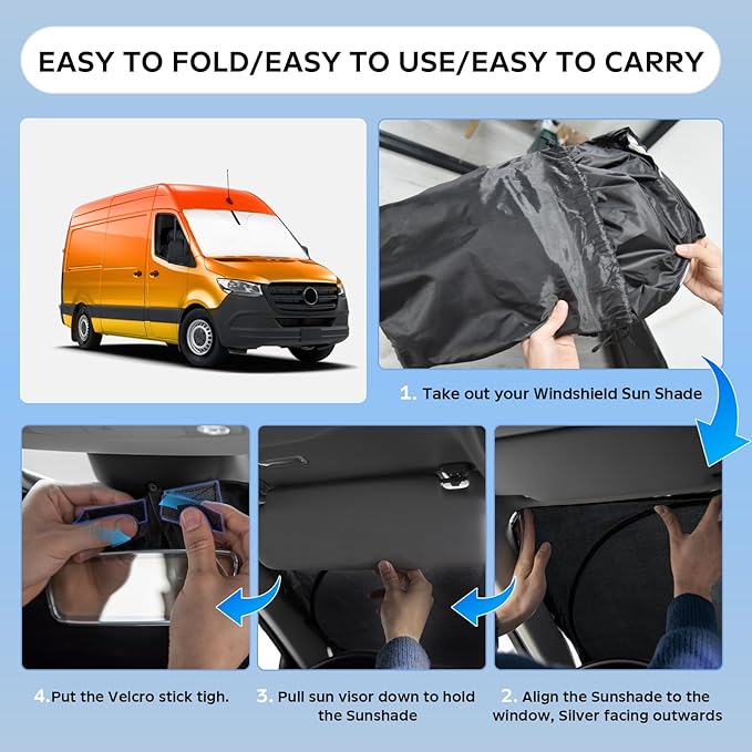 Sun Shade Sunshade for Mercedes Benz Freightliner Sprinter & Sprinter 2007-2025 2026 Windshield Cover, 4-Layers Sun Shield 250T Silver Sun Visor Foldable Window Shade Blocks UV Rays Van Accessories
