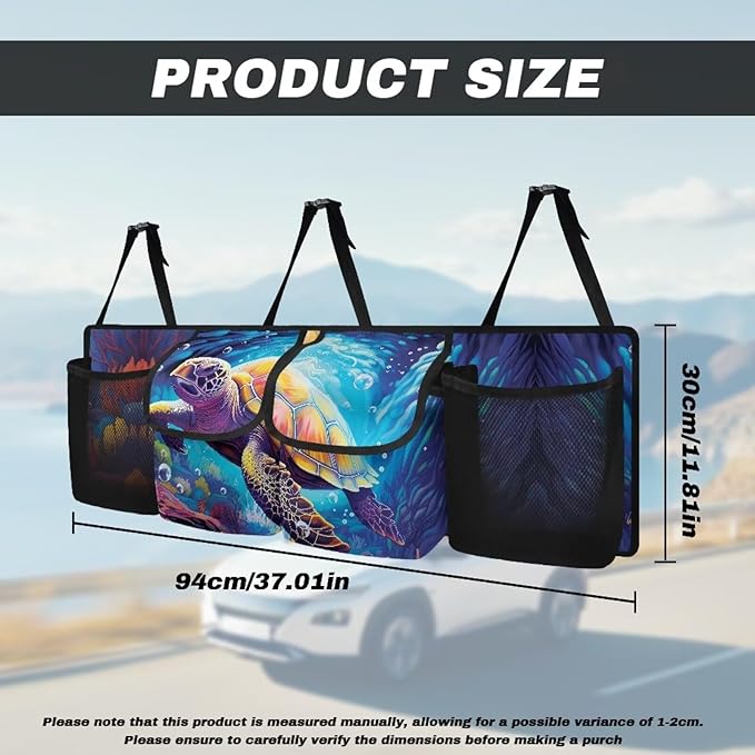 Turtle Trunk Hanging Storage Bag Underwater World Back of Seat Car Organizer Multipurpose Cargo Accessory with 3 Adjustable Buckles