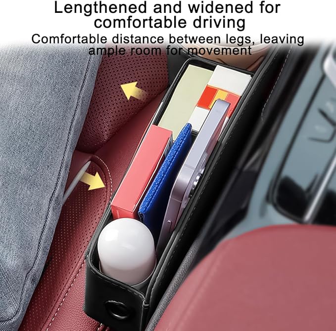 Leather Car Seat Gap Filler Organizer, Adjustable Vehicle Side Gap Storage Box, Auto Front Seat Crevice Catcher for Phones, Glasses, Keys, Universal for SUV, Sedan, Truck (Black)