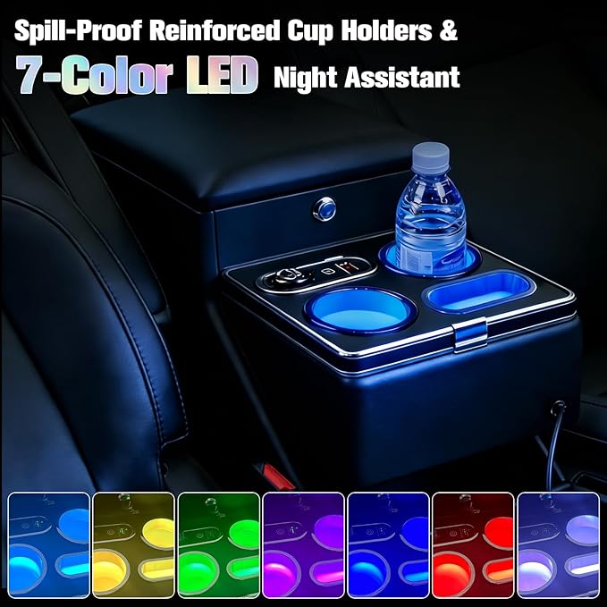 Center Console Organizer for Minivans, SUVs & Middle Van Seats - Floor-Mounted Lockable Storage Box with Dual Cup Holders & 7-Color Ambient Light, Ideal for Vehicle Interior