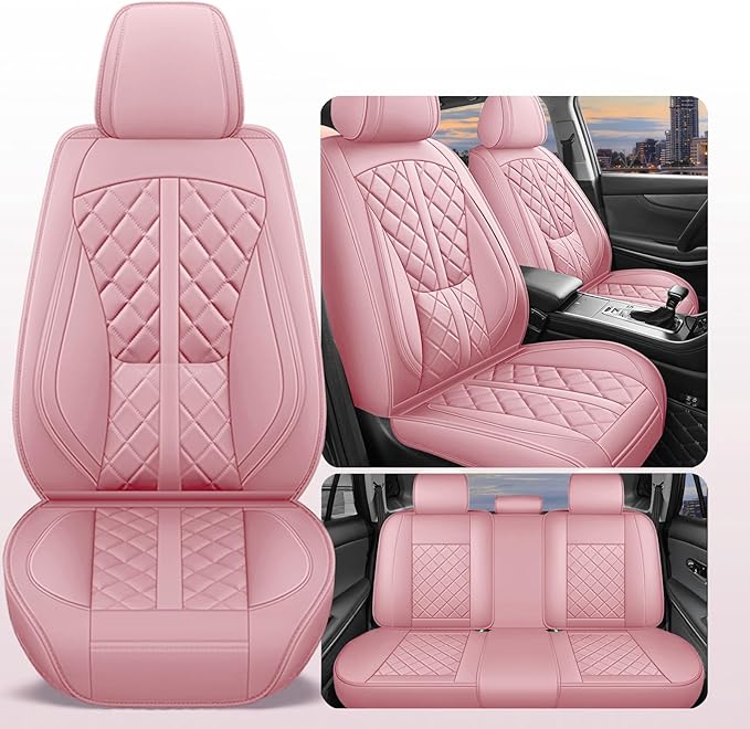 otoez Pink Car Seat Covers Full Set, Leather Seat Cover 5 Seat Waterproof & Breathable Automotive Seat Cushion Protector Full Coverage for Cars Sedens, Trucks, SUVs, Vans (Pink)