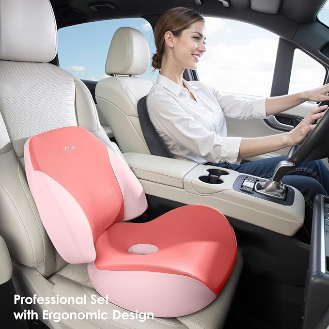FLORICH Upgraded Ergonomic Memory Foam Car Seat Cushion with Lumbar Support, Non-Slip, Washable Driving Seat Cushion for Back & Sciatica Pain Relief, Large Car Seat Cushion Driver, Office-Pink
