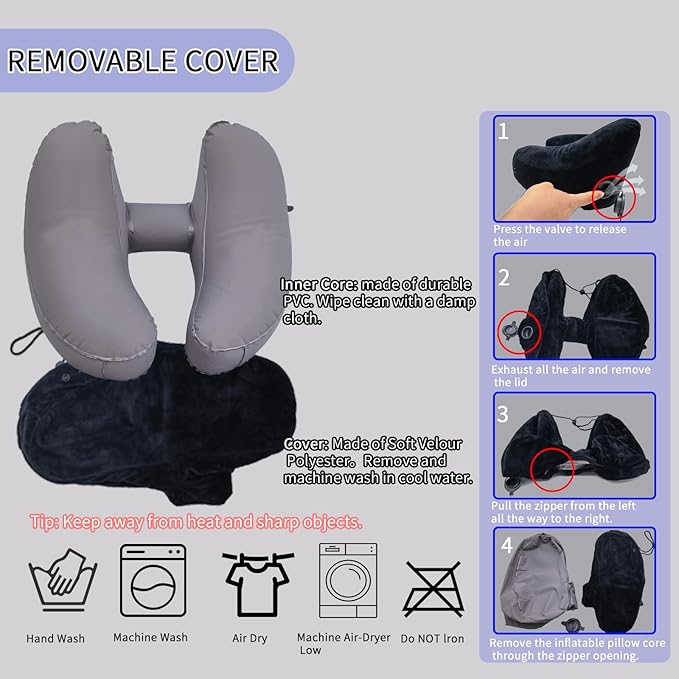 H-Shaped Travel Pillow with Snap-On Hood – Ergonomic Neck Support with Plush Velvet Cover, Instant Inflation & Compact Bag – for Airplane, Car, Office & Long Trips (Black)
