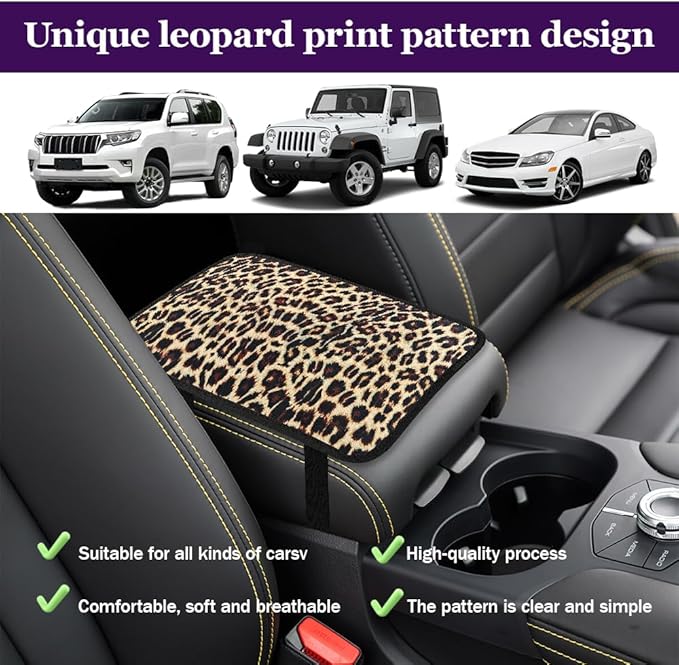 Leopard Cheetah Print African Animal Hunting Auto Center Console Armrest Pad, Car Center Console Cover, Auto Accessories Soft Comfort Armrest Cover Cushion Mat for Most Cars (Brown leopard print)