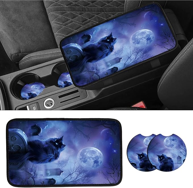 Car Armrest Cover Pads Universal Fashion Cute Auto Center Console Armrest Cover Pad with 2PCS Car Coasters Soft Waterproof Car Armrest Seat Protector for Women, Night Black Cat