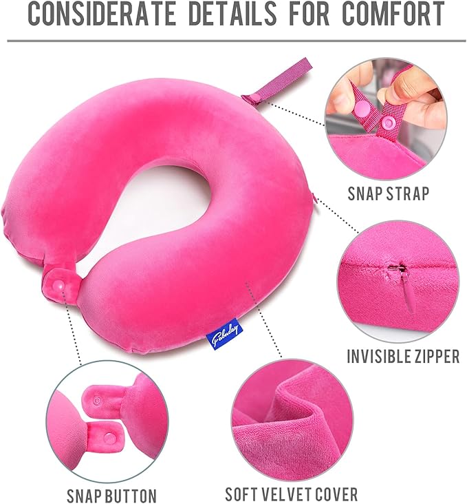 Memory Foam Neck Pillows for Travel - Travel Neck Pillows for Airplanes with Attachable Snap Strap Soft Washable Cover, Flight Neck Pillows Provide Neck Rest for Traveling, Car, Home, Office, Pink