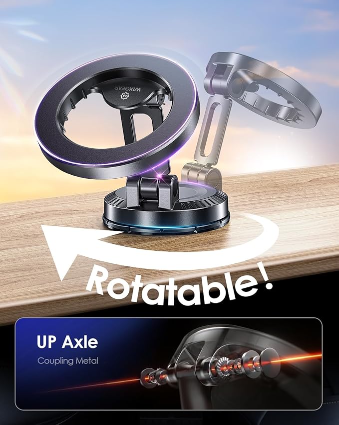 WixGear Stick-On Foldable Magnetic Car Mount Dashboard Phone Holder, Strong Magnet Mount for MagSafe iPhone & All Smartphones, 3M VHB Adhesive Dashboard Mount, 360° Adjustable Compact Design