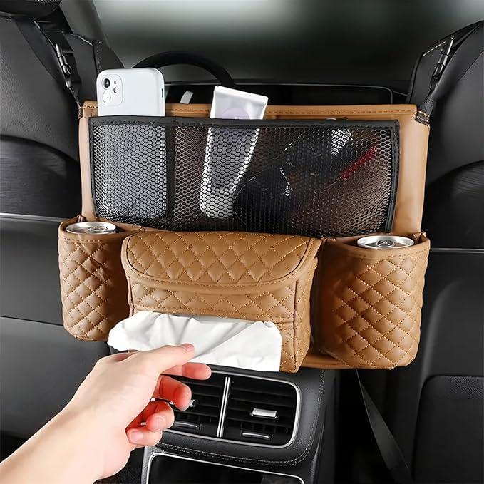 XINLIYA Car Handbag Holder Between Seats, PU Leather Multi-Pocket Large Capacity Purse Holder, Auto Net Bag Barrier of Backseat Pet Kids, Car Seat Organizers and Storage for Cargo Tissue Cup(Brown)