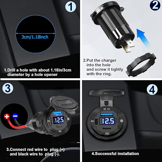 USB C Car Charger Socket 12V USB Outlet 2 Pack: Aluminum Metal 78W Dual PD 30W and 18W QC3.0 Port Multi Charger Outlet with LED Voltmeter Power Switch for RV Motorcycle Boat Marine