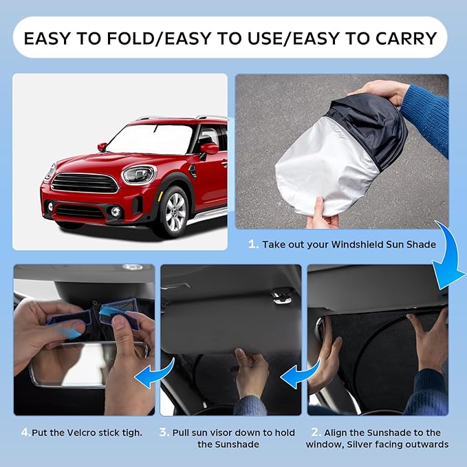 Sun Shade Sunshade for 2017-2024 2025 2026 Mini Countryman Cooper F60 SUV Windshield Cover, 4-Layers Sun Shield 250T Silver Coating Sun Visor Foldable Window Shade Blocks UV Rays Car Accessories