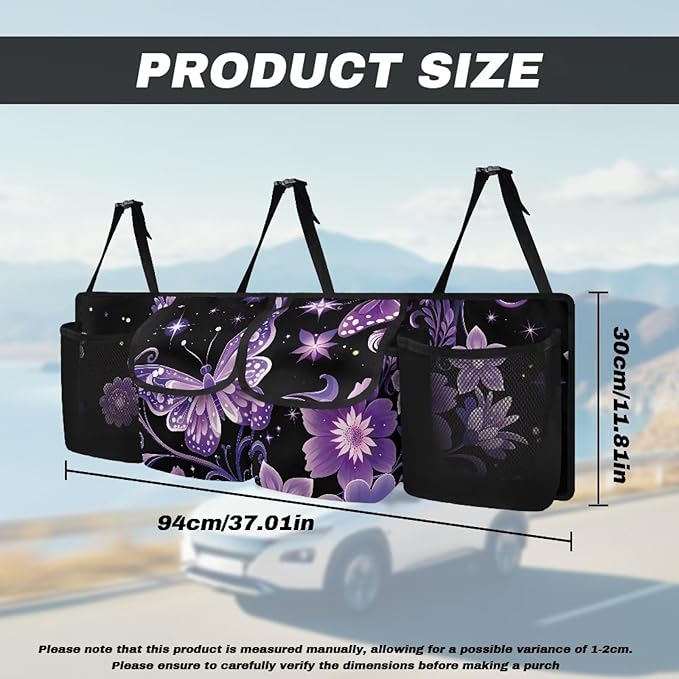 Hanging Car Trunk Organizer with 4 Pockets Purple Butterfly Auto Back Seat Storage Bag Auto Interior Accessories for Sedans SUV MPV Trucks Jeep Pickup