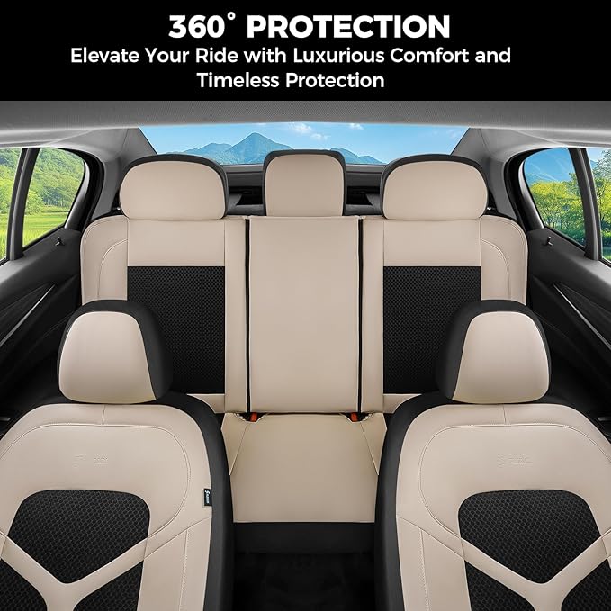 FLORICH Car Seat Covers Front Seat, Universal Seat Cover 2 Seats, Automotive Seat Covers with Mesh Leather, Waterproof Car Seat Protector, Breathable Car Seat Cushion for Most Car SUV Truck Beige