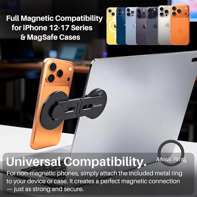 Invisible Adjustable Magnetic Laptop Phone Holder for Dual Screen, Foldable Continuity Camera Mount for Magsafe iPhone 12-7, Aluminum Monitor Side Mount Stand for MacBook, Tesla, iMac