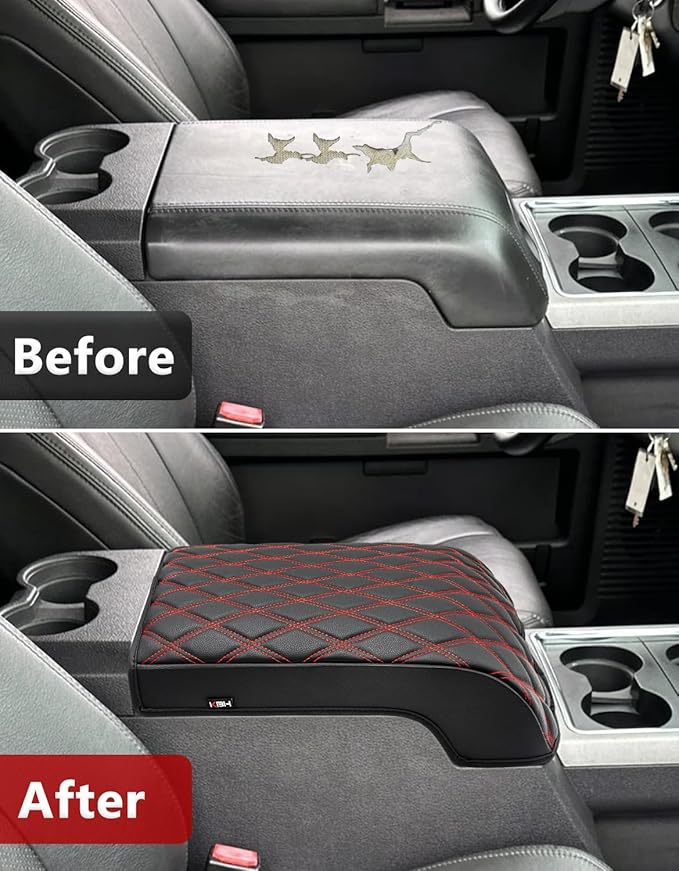 KBH Center Console Armrest Cover for Ford F250 F350 F450 F550 2011-2016, Auto Arm Rest Box Cushion Pad, PU Leather Trim, Anti-Scratch, Black-red Stitch (Fits Bucket Seat Console Only)