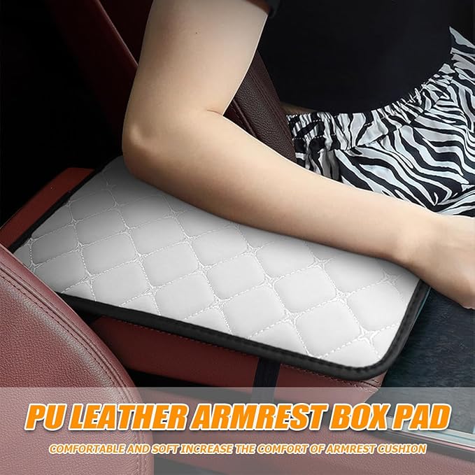 HZEL Car Center Console Cushion Pad, PU Leather Vehicle Armrest Protection Cover, Waterproof Automotive Interior Arm Rest Seat Box Mat Accessories, Universal for SUV, Sedan, Truck (White)