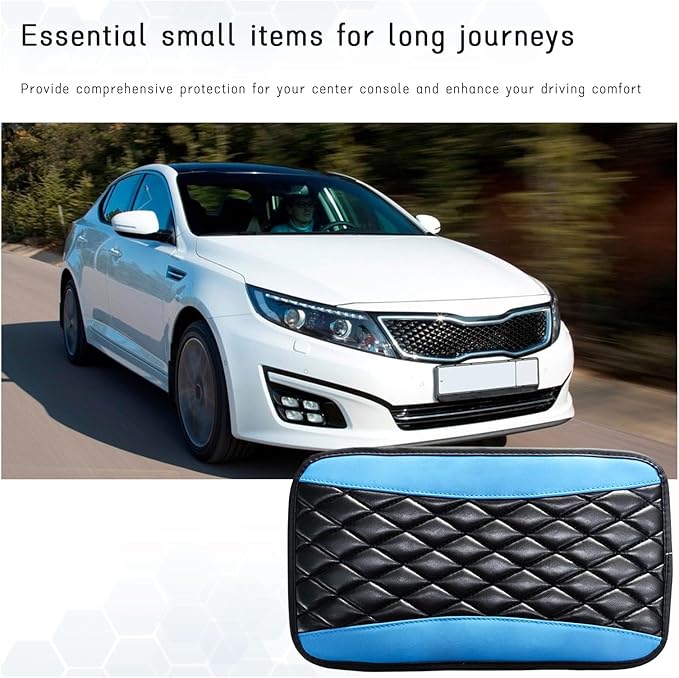 Car Center Console Cushion Pad, Universal Leather Waterproof Armrest Seat Box Cover, Comfortable Auto Armrest Cover Protector, Car Interior Decor Accessories for Most Vehicles (Black & Blue)