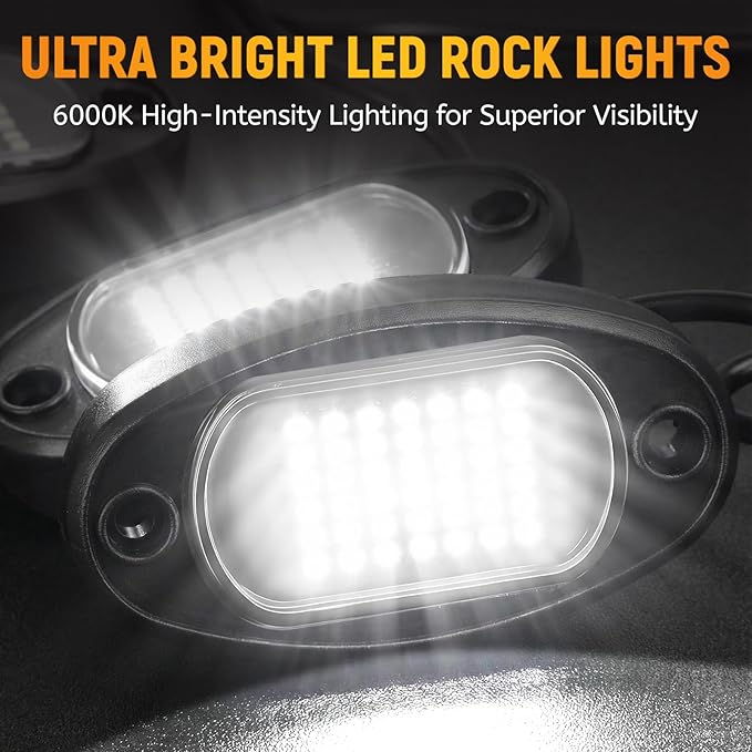 YONEDA 20 Pods White Rock Lights 6000K 42LED Ultra Bright LED Underglow Lights IP68 Waterproof for Trucks SUV UTV ATV RZR Car Boats Pickup Motorcycle with 39.37ft Extension Wire
