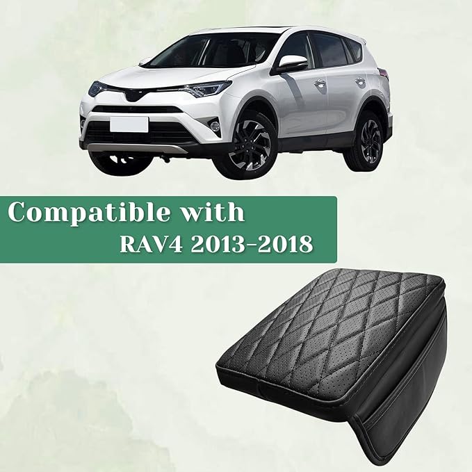 Center Console Armrest Cover Compatible with Toyota RAV4 2013-2018 Leather Middle Console Arm Rest Box Protector Cushion Padding with Side Pockets Anti-Scratch Black