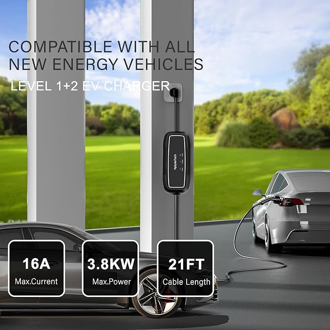 Level 1+2 EV Charger, 16Amp 110-240V, Portable SAE J1772 Electric Car Chargers, Plug-in EV Charging Station for Home,21 Ft Level 2 Charger Cable NEMA 6-20Plug(Tesla Need Adapter)