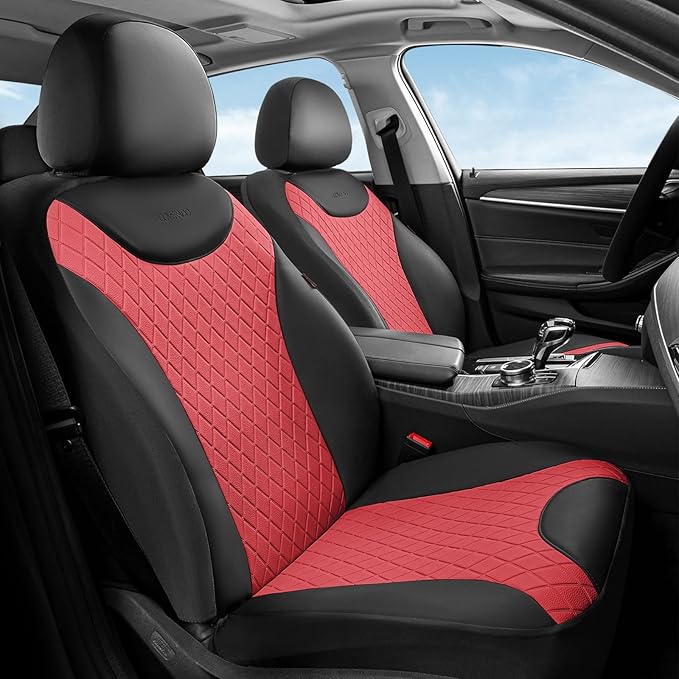 Coverado Front and Rear Seat Covers, 5 Packs Leather Seat Covers for Cars, Car Seat Protectors with Splicing Design,Universal Car Seat Cushions Waterproof Seat Covers Fit for Most Cars, Black & Red
