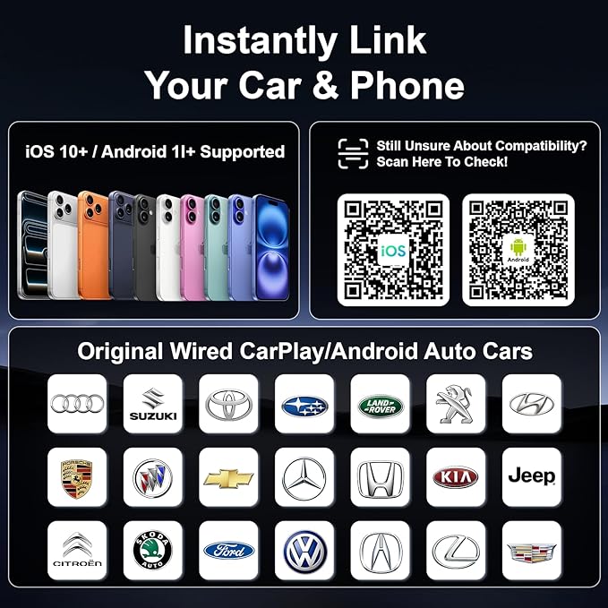 Wireless CarPlay Adapter2026 Upgrade-Suitable for Apple iPhone and Android, 2in1 mini USB Design, Plug and Play, with Fast and Stable Connection Between CarPlay and Android Applications.