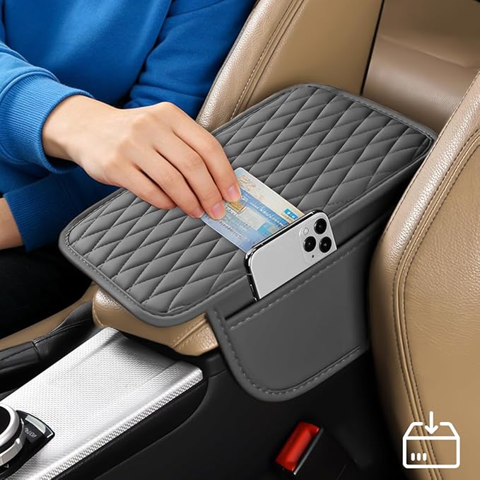 Car Armrest Cushion Pad, Leather Vehicle Center Console Cover with 2 Storage Bags, Non-Slip Automotive Interior Arm Rest Seat Box Cover Accessories, Universal for SUV RV Sedan (Silver Gray)