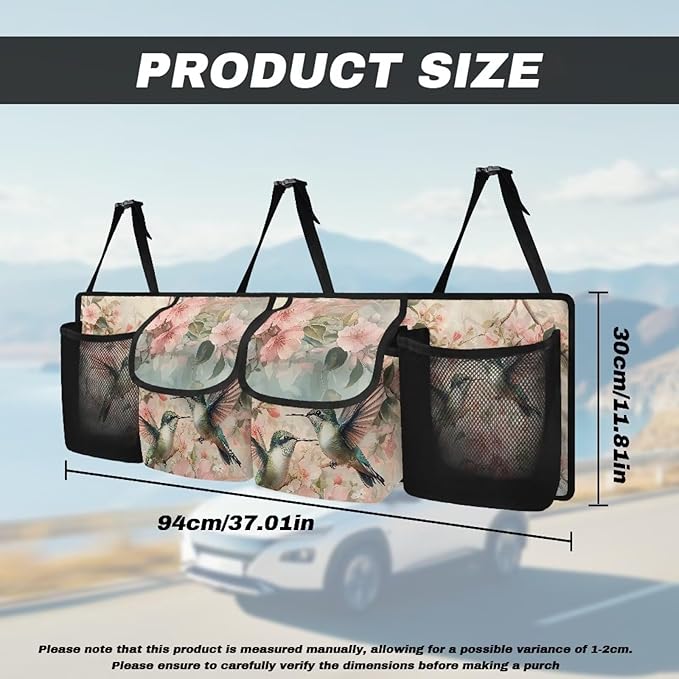 Hanging Car Trunk Organizer, Hummingbird Pink Flower Print Car Back Seat Storage with 4 Pockets Large Capacity Back Seat Storage Bag Waterproof Universal Car Interior Accessories